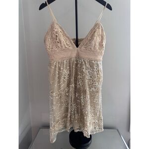 Southern Fried Chics Sequin Lace‎ Babydoll Dress Womens L Beige Boho